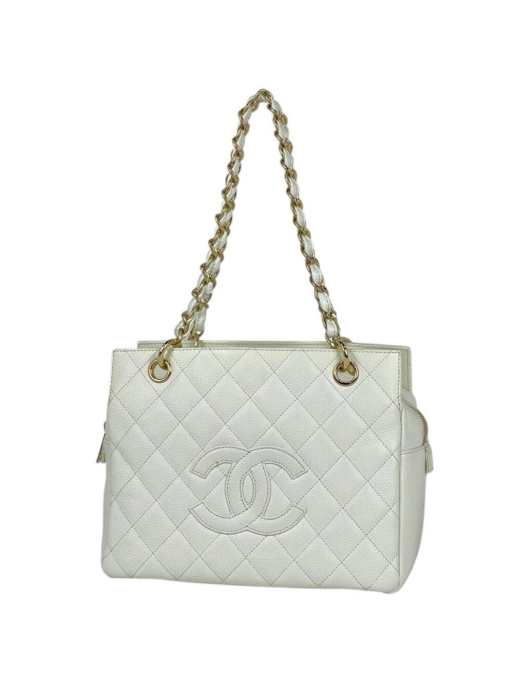 Chanel Shoulder Bag CC Logo Quilted Caviar Leather White